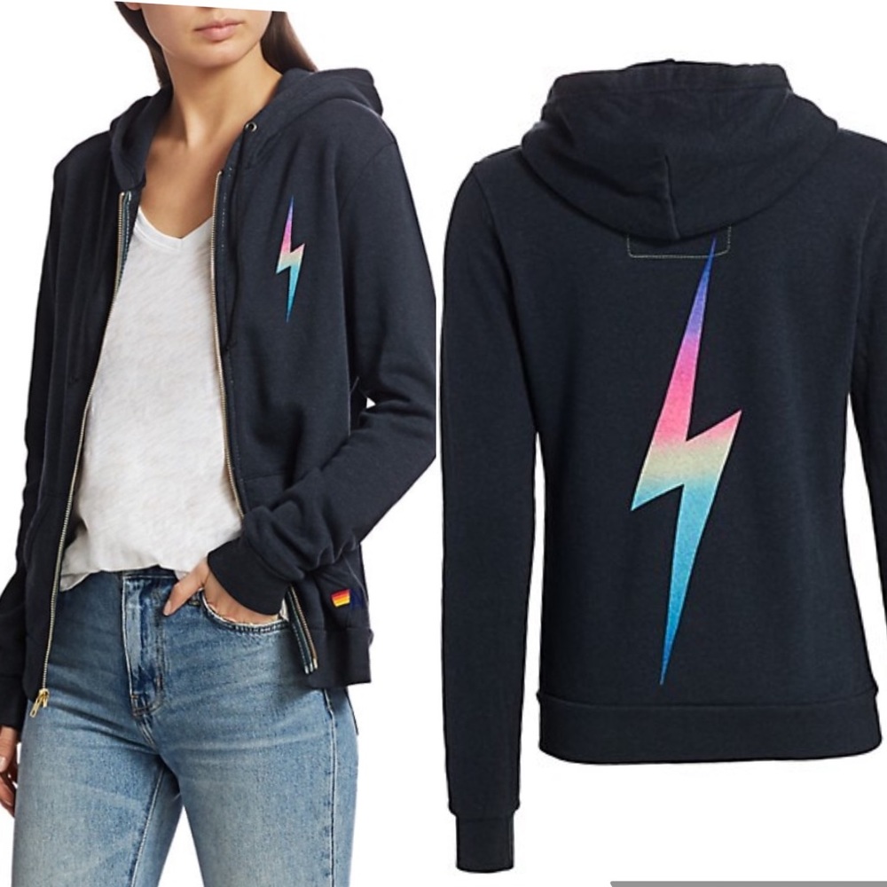 Aviator Nation Black Zip Hoodie with Pink-to-Blue Lightning Bolt